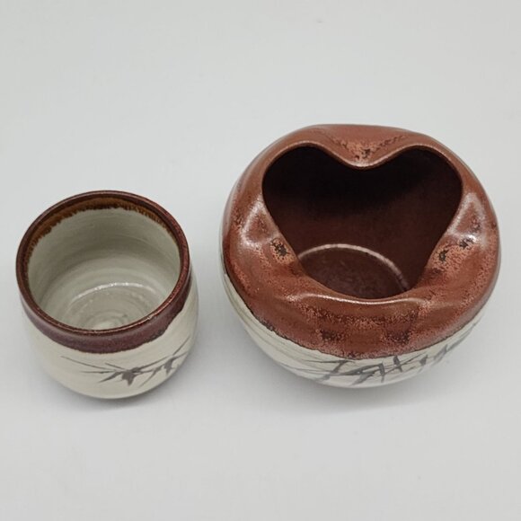 Hand Carved Bowl & Cup Signed Japanese Takahashi Handcrafted Ceramic Bamboo - Picture 2 of 9